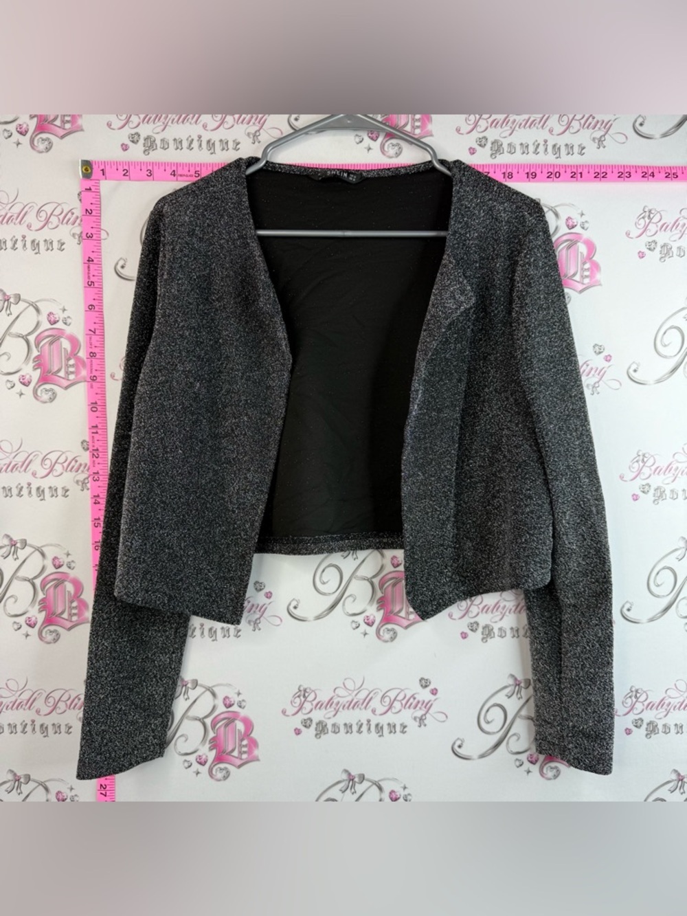 SHEIN cardigan Sparkly Open-Front Long Sleeve Cropped Cardigan Black and Silver